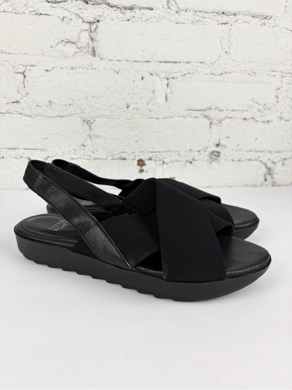 Eileen Fisher Trek Crisscross Wedge Slingback Sandals Black Elastic Leather 8